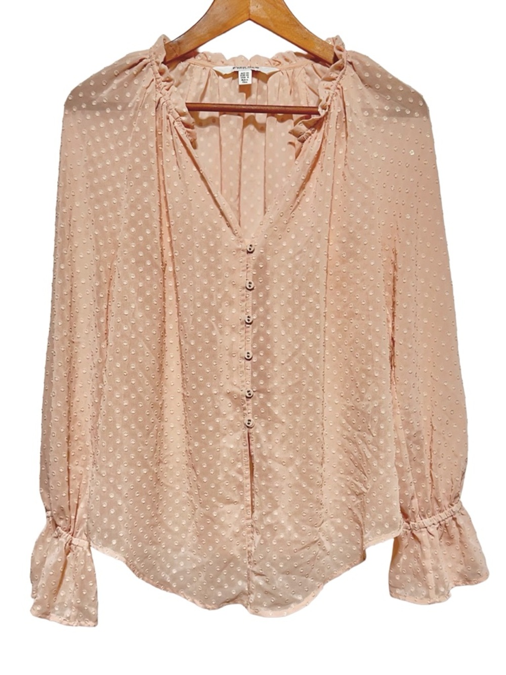 EVER NEW | Peach Blush Gold Metallic Dot Ruffle Coquette Poetcore Blouse Boho - Picture 8 of 10